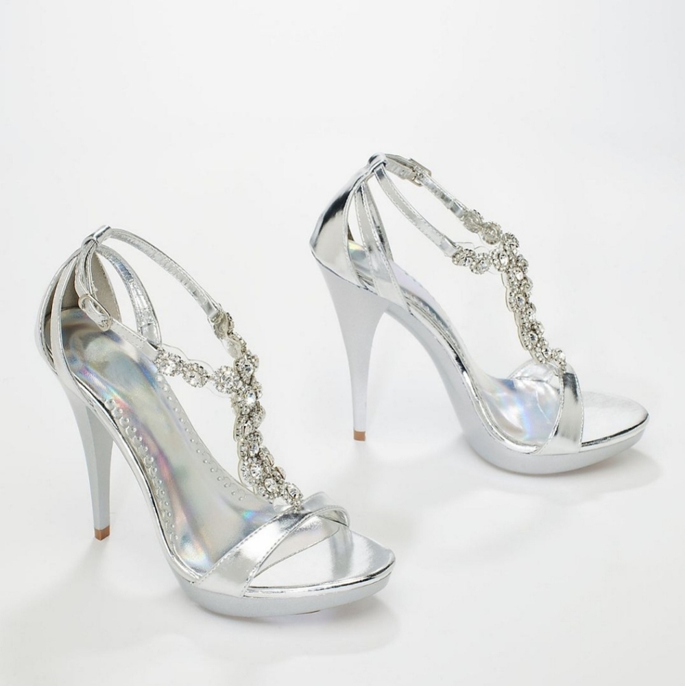 Metallic High Heel Sandal with Crystal Accents